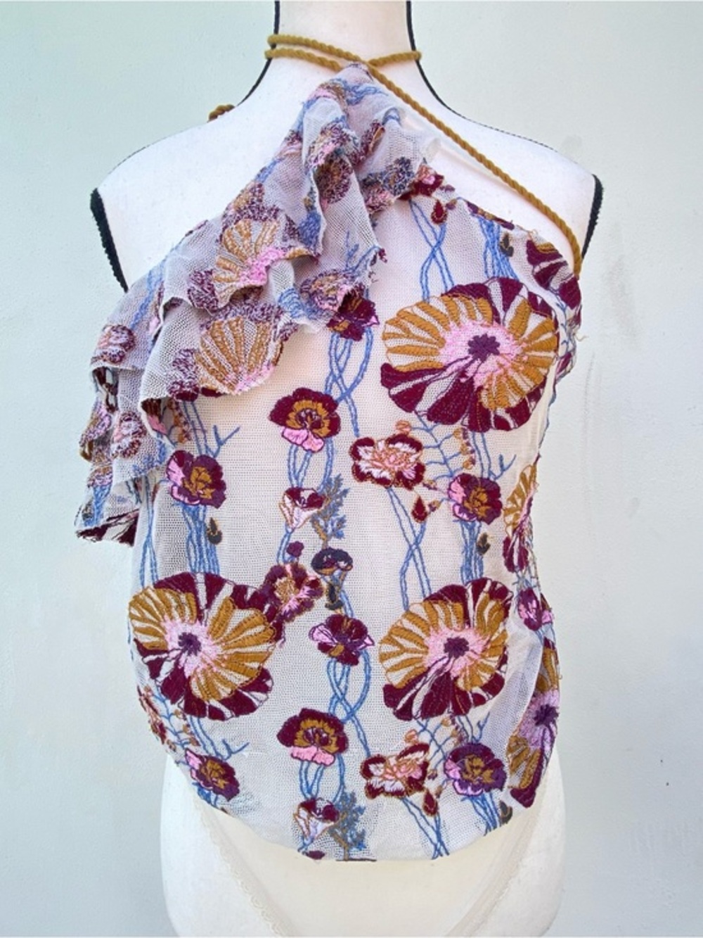 Free People Multicolor Floral Ruffle Halter Bodysuit Size XS